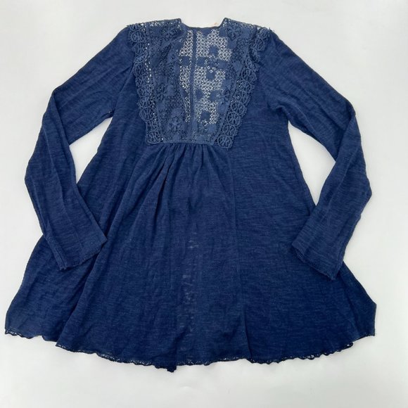 Free People Womens XS Blue Top Crochet Details Snap Closure Linen Cotton Blend - Picture 4 of 6